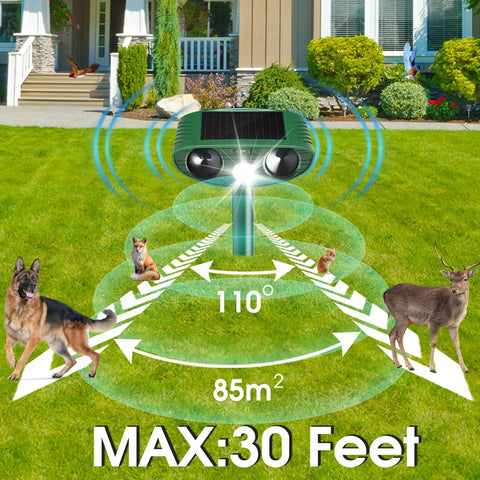 Two Pack Solar Ultrasonic Cat Deterrent With PIR Motion Sensor Waterproof Outdoor Animal Repeller For Garden And Yard That Keeps Cats, Dogs, Skunks, Raccoons, Birds And Squirrels Away, green, on stake