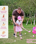 Slick Toddler Golf Club Set For Girls Ages Two To Four With Rad Breathable Outfit And Adjustable Hat Plus Lightweight Portable Cart for backyard play.