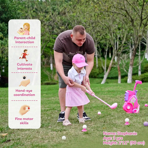 Slick Toddler Golf Club Set For Girls Ages Two To Four With Rad Breathable Outfit And Adjustable Hat Plus Lightweight Portable Cart for backyard play.