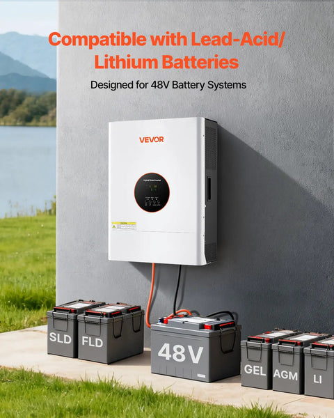 Heavy Lifting 6400W 48V Hybrid Solar Inverter With Built In 120A MPPT Charge Controller connected to multiple batteries.
