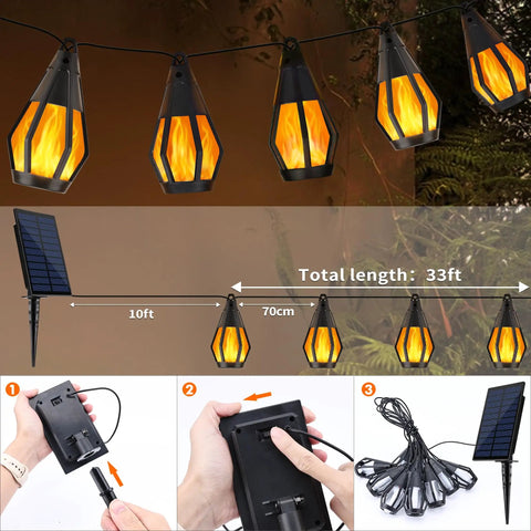 Outdoor Solar String Lights 33Ft With 15 Realistic Flickering Flame Bulbs Waterproof Warm White for patio or garden decor