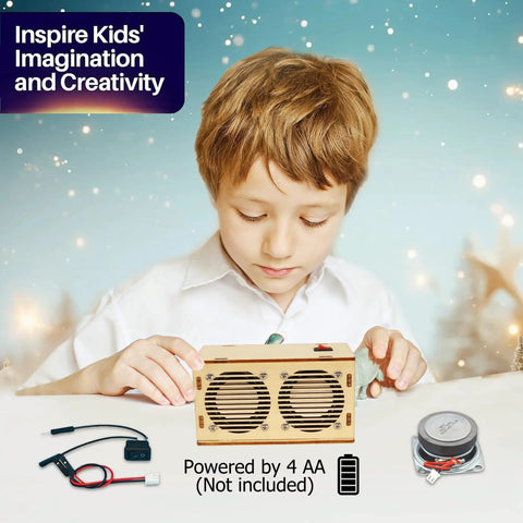 Child assembling wooden Bluetooth speaker kit for kids and teens, kid friendly hands on STEM project that teaches how speakers work.