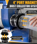 4 Inch Magnetic Dust Collection Starter Kit For Woodworking includes PVC hose and magnetic port in use with a shop machine.