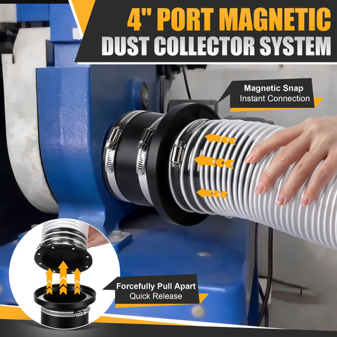 4 Inch Magnetic Dust Collection Starter Kit For Woodworking includes PVC hose and magnetic port in use with a shop machine.