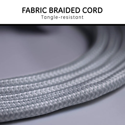Close-up of braided white cord for Eight Ft Braided 3 Outlet Power Strip Surge Protector Two Pack With Flat Plug Extension Cords 250 Joules UL Listed.