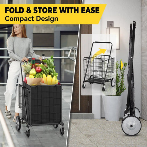 Person using Beastly Folding Shopping Cart With 5.7 Cu Ft Space, 600 Lb Capacity, showing compact design and grocery storage