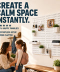 Four Pack White Pegboard Wall Organizer Kit With Thirteen Accessories on wall in home showing plants and frames, 12x12 inch panels