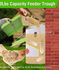 Heavy Duty Automatic Chicken Feeder With Weather Sealed Lid And Lockable Rodent Proof Door For Zero Waste Hanging Backyard Poultry Feed Hopper shown holding grains with a hen nearby.
