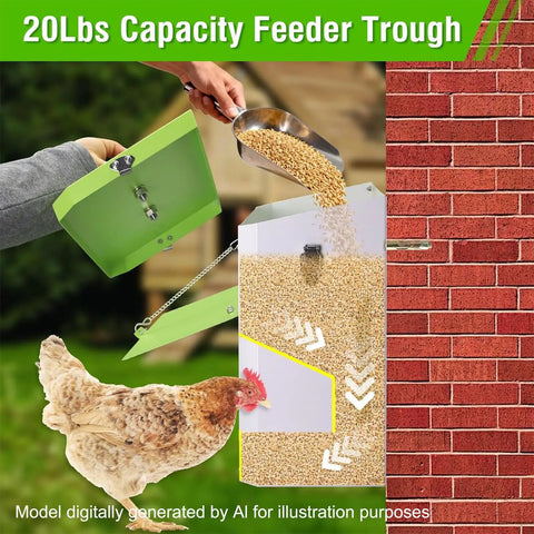 Heavy Duty Automatic Chicken Feeder With Weather Sealed Lid And Lockable Rodent Proof Door For Zero Waste Hanging Backyard Poultry Feed Hopper shown holding grains with a hen nearby.