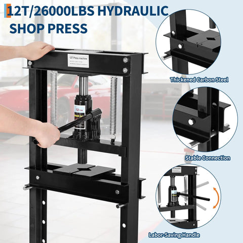 12 Ton H Frame Hydraulic Shop Press For Garage And Shop Use With Adjustable Height Stamping Plates And Built In Relief Valve For Bending Straightening Bearing And U Joint Work Car Repair And Pro Level DIY Projects, black steel frame
