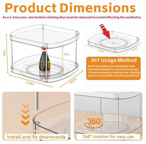 Dimensions of 2 Tier Pantry Lazy Susan Organizer For Kitchen Cabinets And Pantry Storage, 12 Inch By 10 Inch Square Turntable.