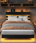Queen Size Floating Bed Frame With Ambient Led Lights And Fast Charge Port, Modern Wood Sleep Base With Hidden Storage Headboard, Heavy Duty Metal Slats, Straight Up Skip The Box Spring, Toss Together In Minutes, Matte Black, showcasing LED headboard lighting and cozy bedding.