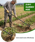 Man using 2-In-1 Garden Hoe With 60 Inch Adjustable Handle for Easy Weeding and Tilling, sharp blade and rake side in a field.