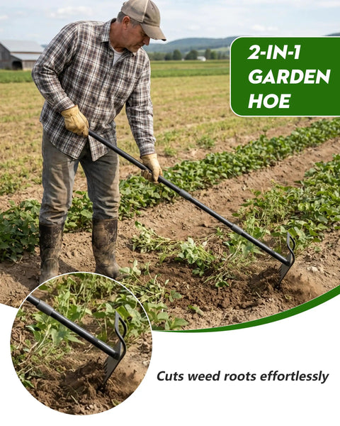 Man using 2-In-1 Garden Hoe With 60 Inch Adjustable Handle for Easy Weeding and Tilling, sharp blade and rake side in a field.