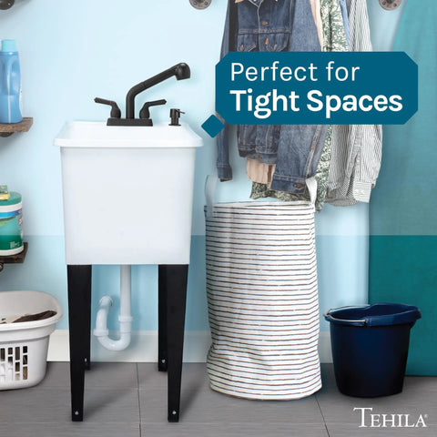 Must Have Space Saving Utility Sink Kit With White 16 Gallon Thermoplastic Tub Black Pull Out Faucet Soap Dispenser Metal Legs