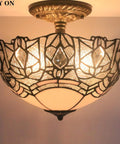 Crystal Bead Tiffany Style Glam Ceiling Light Fixture White Stained Glass Semi Flush Mount Lamp 12 Inch Wide 11 Inch High Antique Green Bronze Base Hardwired With 16 Inch Cord LED Ready