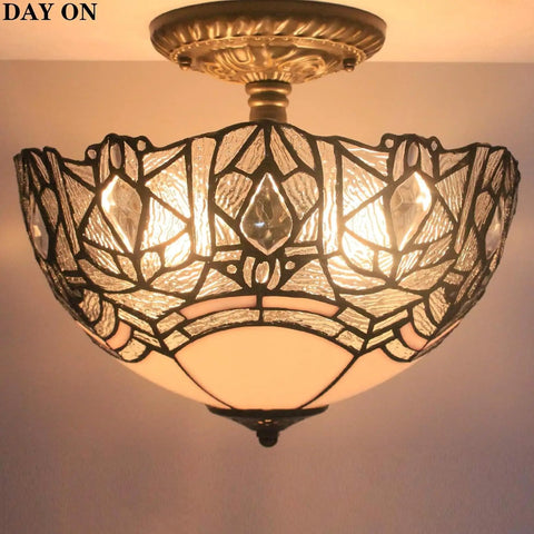 Crystal Bead Tiffany Style Glam Ceiling Light Fixture White Stained Glass Semi Flush Mount Lamp 12 Inch Wide 11 Inch High Antique Green Bronze Base Hardwired With 16 Inch Cord LED Ready