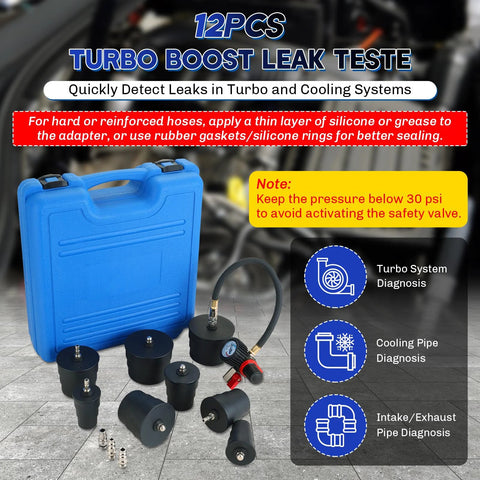 Weyleity turbo system leakage tester kit, 12-piece with blue case and black adapters.