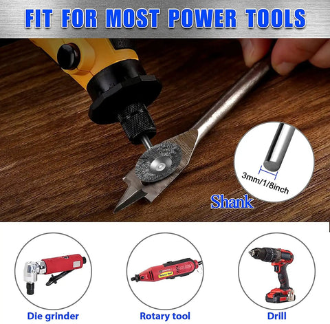 42 Piece Wire Wheel Brush Set For Rotary Tools With Steel Wire Wheels And Pen Style Brushes One Eighth Inch Shank shown with tools