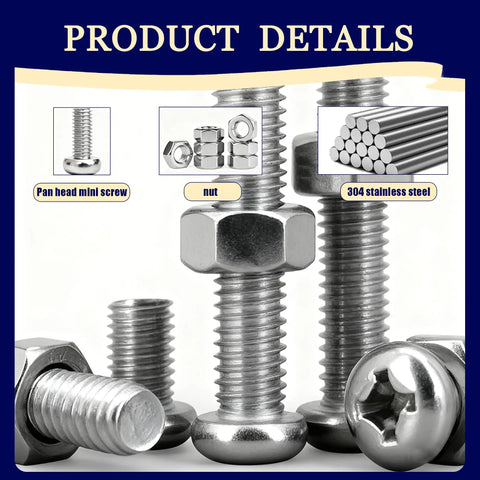 Close-up of Everyday Tiny Stainless Steel Micro Screws And Nuts Kit for Glasses Watches Clocks Computers DIY, showing various sizes and details.