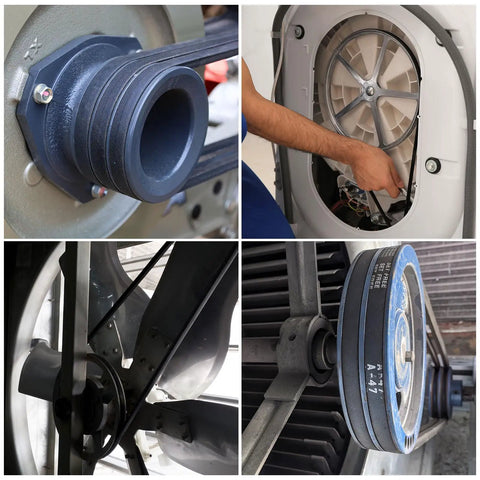 A collage of industrial machinery with 4 Pack A33 Or 4L350 Classic Wrapped Rubber V Belt 33 Inch Inside Circumference 841mm.