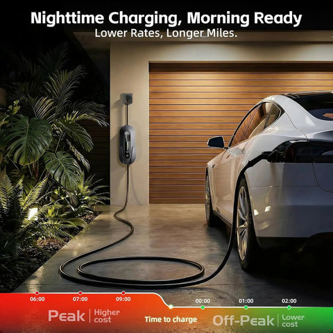 Road Trip Ready Portable Level 1 And 2 EV Charger With J1772 Connector and Nema 5-15 To 6-20 Plugs charging a car at night.