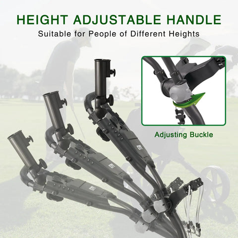 3 Wheel Foldable Golf Push Cart Ultra Lightweight Go-To On The Green Sidekick height adjustable handle closeup