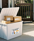 Please Place Packages In Box Sign 11.7 By 8 Inches Weatherproof Delivery Instructions Sticker on white storage bin with parcels