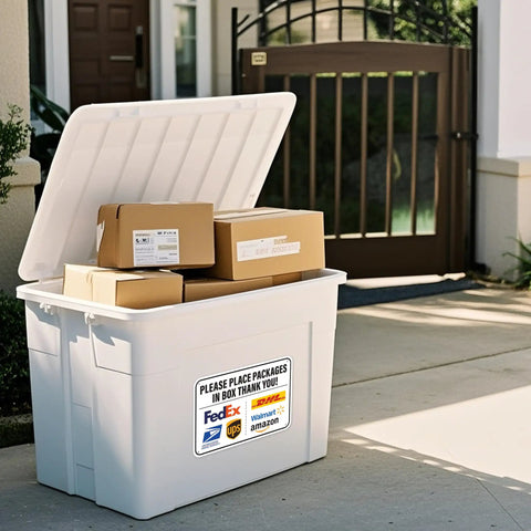 Please Place Packages In Box Sign 11.7 By 8 Inches Weatherproof Delivery Instructions Sticker on white storage bin with parcels