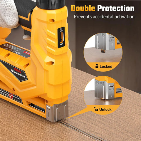 Tough As Nails Two In One Cordless Nailer And Brad Nailer Combo showcasing double protection feature for safety and precision use.