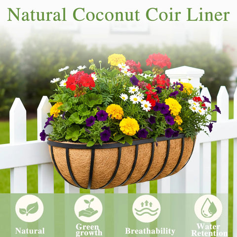 36 Inch Railing Planter Window Box For Deck And Balcony With Coco Liner And Metal Wall Mount Two Pack Outdoor Flower Troughs For Fence Porch Patio And Garden Easy Mount For Herbs And Flowers installed on white fence
