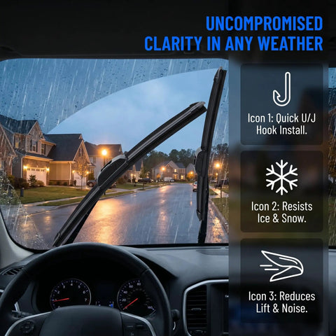 Top Shelf All Season Windshield Wiper Blades Two Pack 22 Inch shown on windshield with rain, highlighting clarity in any weather.