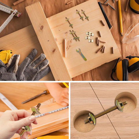 Real Deal M8 X 100Mm Countertop Connectors Kit Featuring 20 Heavy Duty Furniture Fasteners with tools on wood surface.