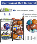 All In One Sports Gear Organizer Cart With Elastic Straps And Removable Basket For Garage Organization, Black