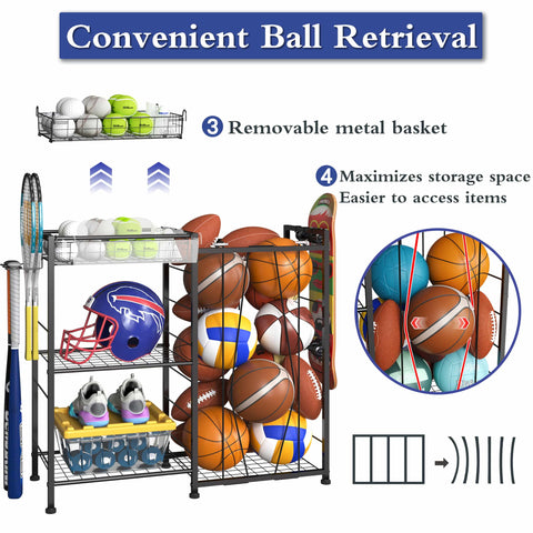 All In One Sports Gear Organizer Cart With Elastic Straps And Removable Basket For Garage Organization, Black