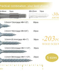 High Hardness Wood Screws Assortment Kit With 203 Pieces And 30 M6 Drywall Anchors And Plastic Wall Anchors shown in sizes.