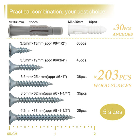 High Hardness Wood Screws Assortment Kit With 203 Pieces And 30 M6 Drywall Anchors And Plastic Wall Anchors shown in sizes.