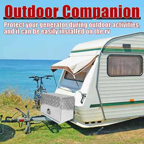Heavy Duty Aluminum Generator Enclosure With Badass Weather Shield Secure Safety Lock Assembly And RV Ready Build For Outdoor Gear Storage And Road Trips near RV and bike.