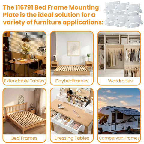 Image showing various furniture applications for Legit 6 Pack 116791 Mounting Plates Replacement For Ikea Bed Frame Brackets.