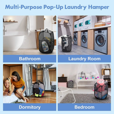 Pop Up Laundry Hamper 70L Collapsible Mesh Bin With Side Pocket And Reinforced Handles in bathroom, laundry room, dorm, bedroom