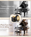 Image of a grand piano with and without 4 Pcs Piano Caster Cups Set For Hardwood Floors Metal Rubber Construction Grand Piano Floor Protectors.