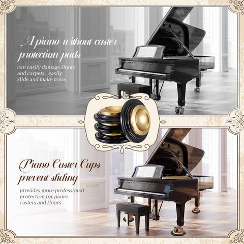 Image of a grand piano with and without 4 Pcs Piano Caster Cups Set For Hardwood Floors Metal Rubber Construction Grand Piano Floor Protectors.