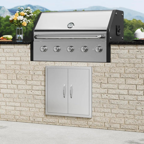 BBQ Access Door For Outdoor Kitchen Island 24W X 24H Inch Stainless Steel Flush Mount Door With Double Wall Vertical Handles and hooks