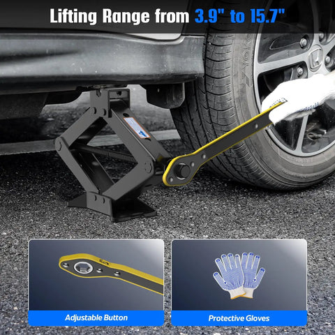 Heavy Duty Three Ton Scissor Car Jack 6614 Pound Capacity Rock Solid Alloy Steel Design for quick tire swaps with adjustable lifting range.