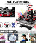 Akeydiy Pro 8 In 1 Heat Press Machine Sublimation System 12 By 15 Inch with multiple accessories for shirts, mugs, hats, and plates.