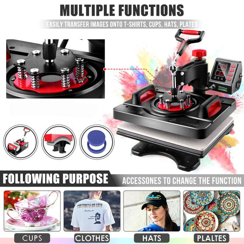 Akeydiy Pro 8 In 1 Heat Press Machine Sublimation System 12 By 15 Inch with multiple accessories for shirts, mugs, hats, and plates.