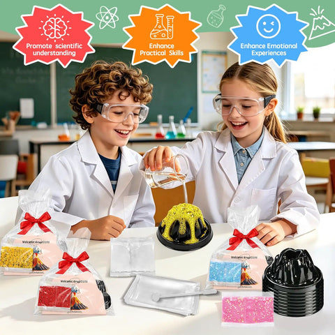 Children using Volcano Eruption Science Kit For Kids 24 Pack STEM Experiments with colorful accessories in a classroom.