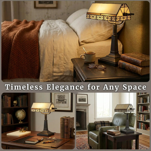 Tiffany Style Bankers Lamp With Stained Glass Shade For A Dope Desk Setup on wooden desk beside bed, books, and mug