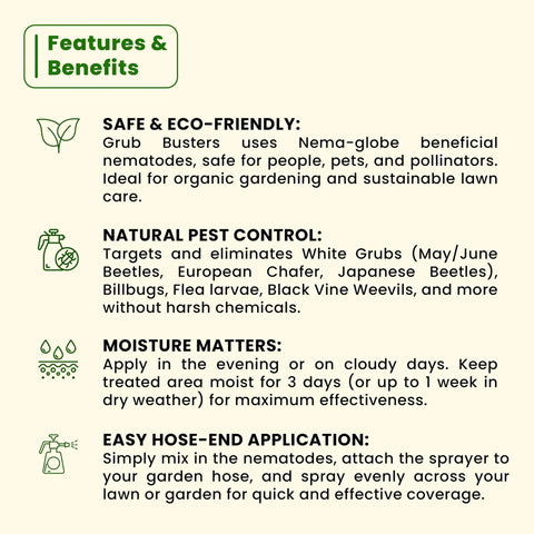 Chart detailing features and benefits of Natural Pest Control Nematodes For Lawn And Garden Hose End Ready Eliminates White Grubs.