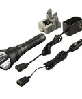 Strion HPL 615 Lumen Compact Rechargeable Tactical Flashlight with dual charger, AC DC piggyback charger, and tail switch, black.